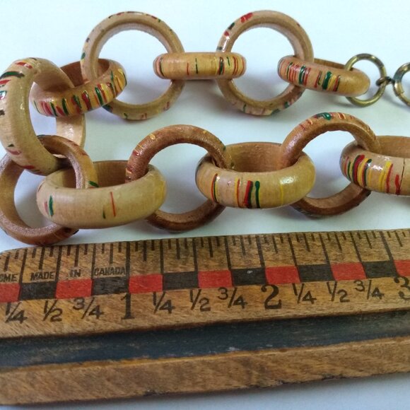 Vintage Wooden Link Ring Necklace Tropical Hand Painted Jewelry Antique Clasp - Picture 16 of 16